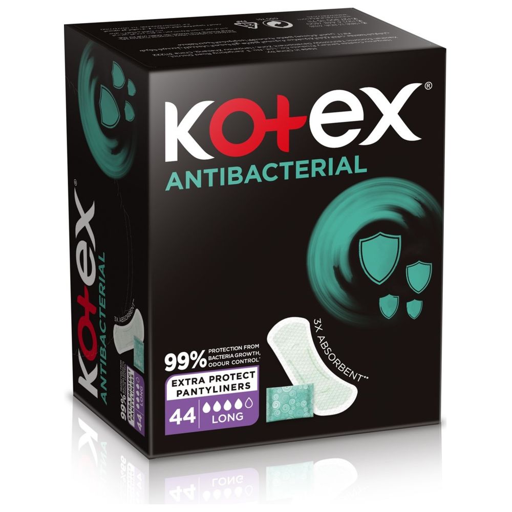 Kotex - Antibacterial Panty Liners, 99% Protection from Bacteria Growth, Long Size, 44 Daily Panty Liners