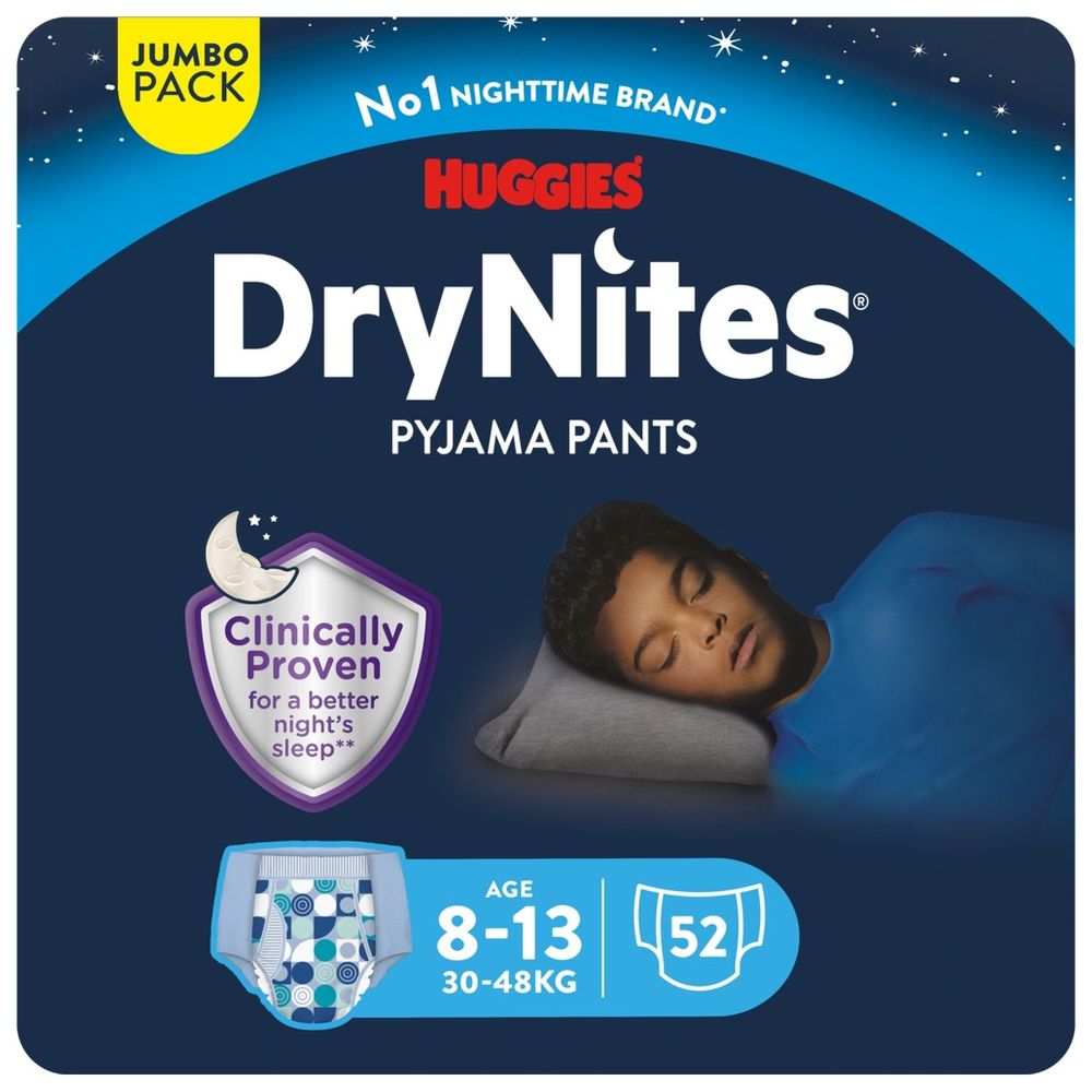 Huggies - DryNites Pyjama Pants, 8-13 years, Bed Wetting Diaper, Boys, 30-48 kg - Pack of 4 - Jumbo Pack, 52 Pants