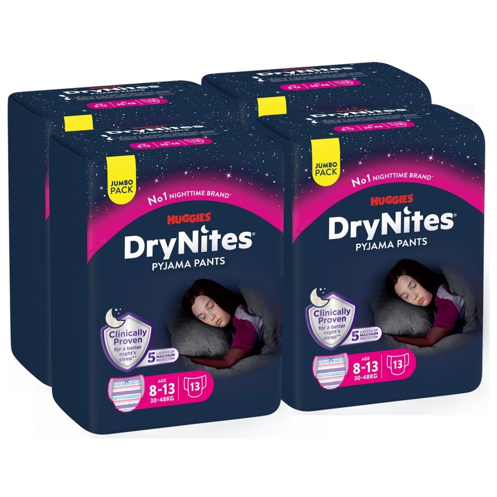 Huggies DryNites Pyjama Pants, 8-13 years, Bed Wetting Diaper, Girls, 30-48 kg, 4 x Jumbo Packs, 52 Pants