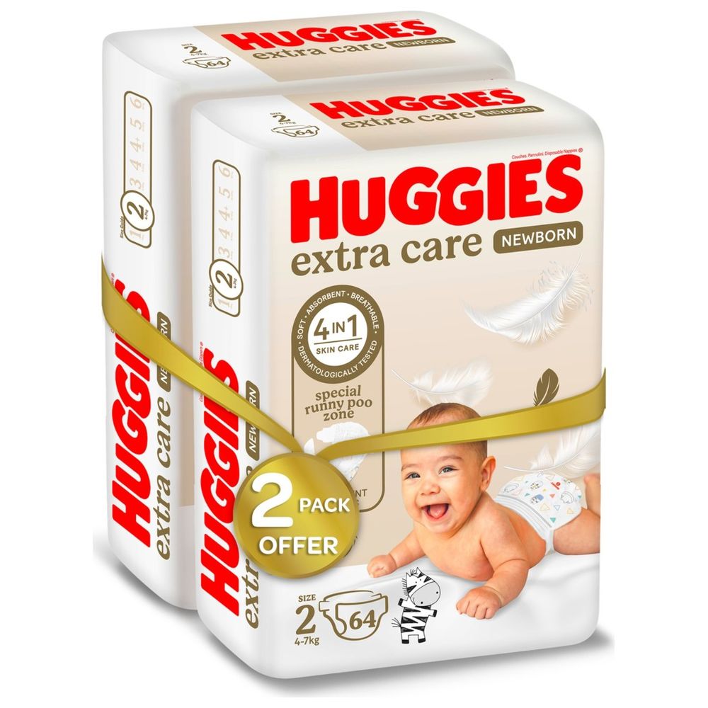 Huggies Newborn Diapers - Size 2, 4 - 6 kg, Twin Jumbo Pack, 128 Diapers - Packaging May Vary