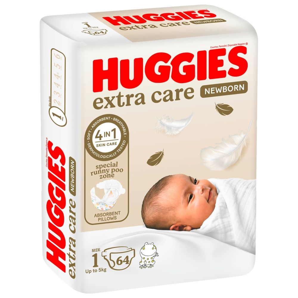 Huggies - Extra Care Newborn, Size 1, Up to 5 kg, Jumbo Pack, 64 Diapers