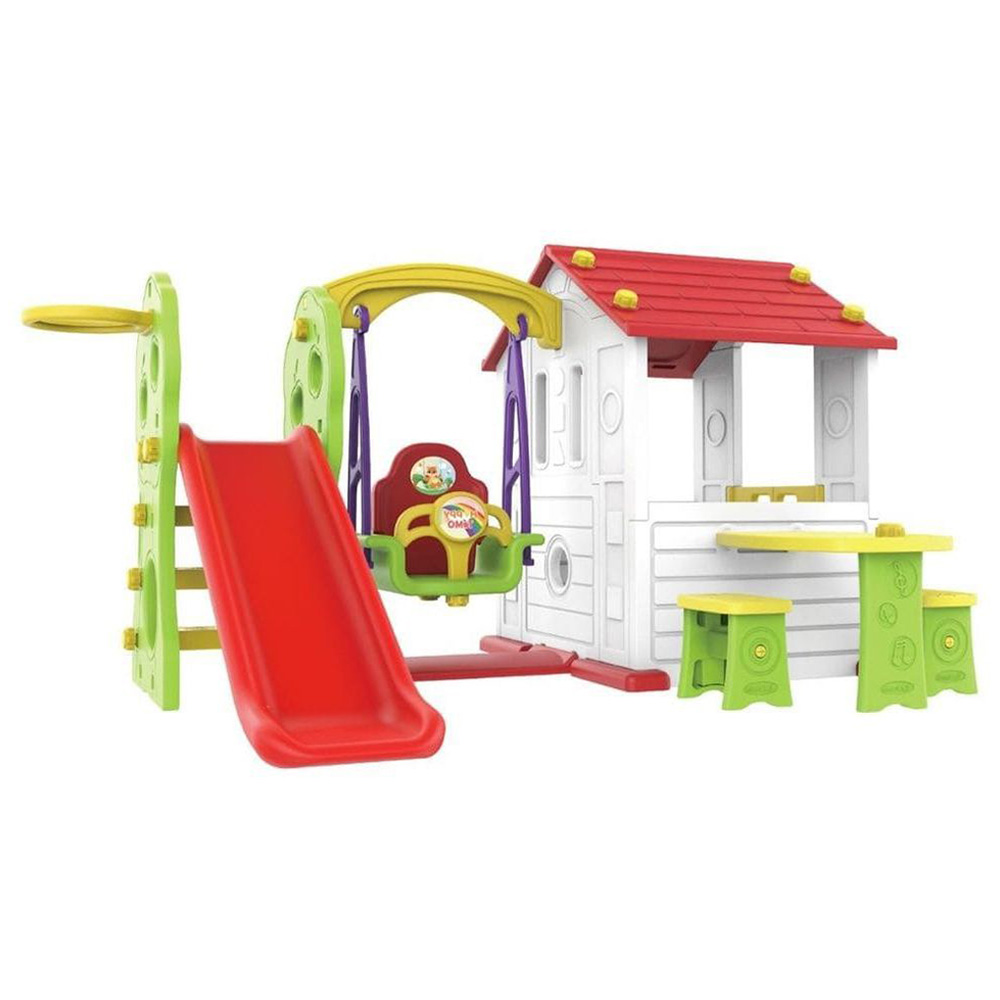 أمشام - بيت لعب بأرجوحة وزحليقة وحلقة كرة وطاولة - أحمر