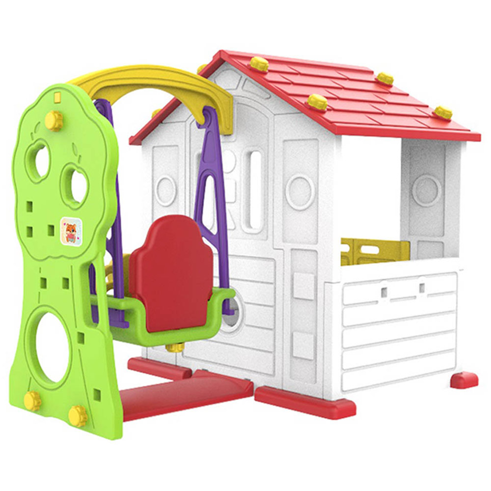 أمشام - بيت لعب بأرجوحة وزحليقة وحلقة كرة وطاولة - أحمر