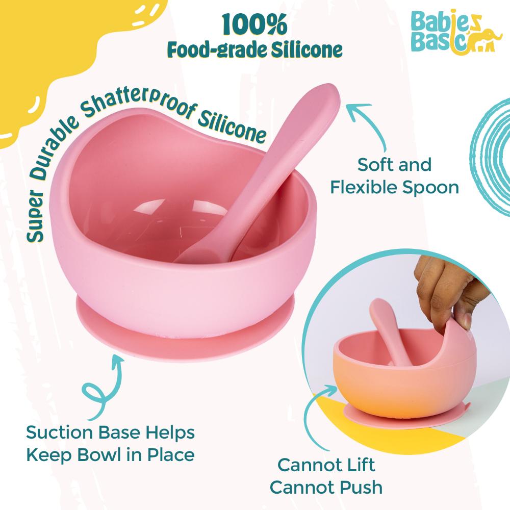 Babies Basic Silicone Bowl & Spoon Feeding Set - 2pcs - Pink