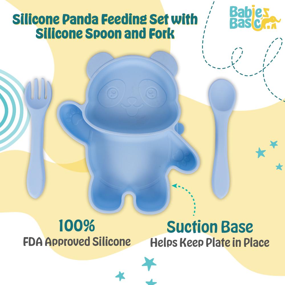 Babies Basic - Panda Shape Silicone Suction Plate With Spoon And Fork - 3pcs - Pink