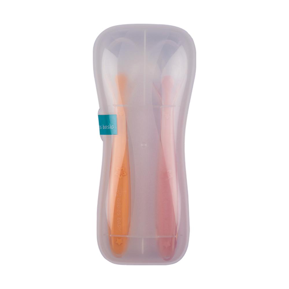 بيبيز بيسك - مجموعة ملعقة سيليكون مع حافظة - زهري وبرتقالي - عدد 2