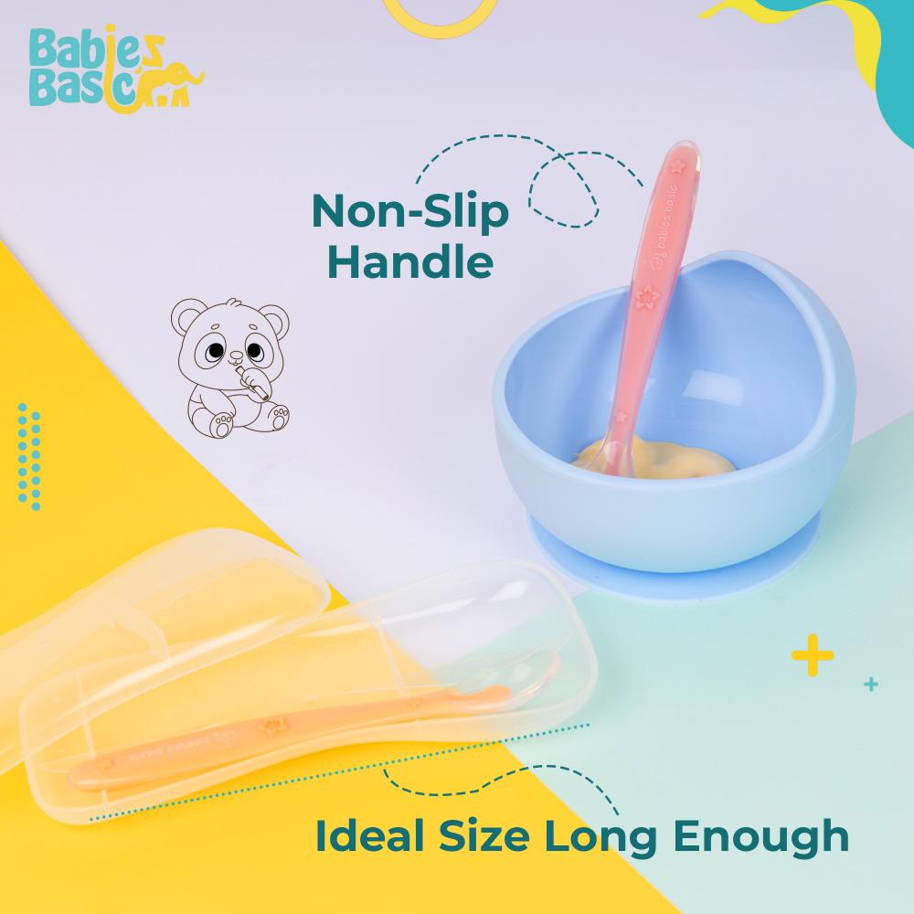 بيبيز بيسك - مجموعة ملعقة سيليكون مع حافظة - زهري وبرتقالي - عدد 2