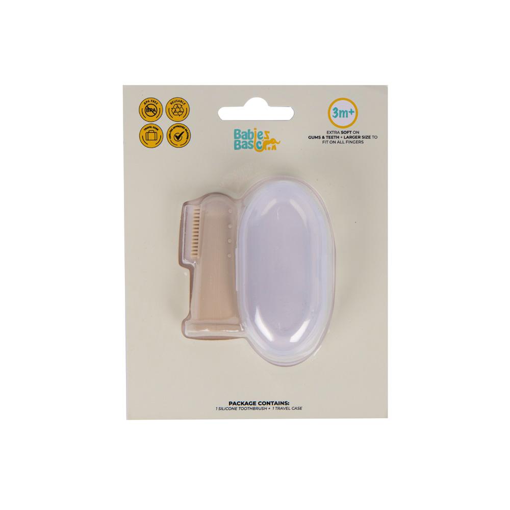 بيبيز بيسك - فرشاة أسنان وتدليك اللثة من السيليكون مع حقيبة تخزين للأطفال - كريم