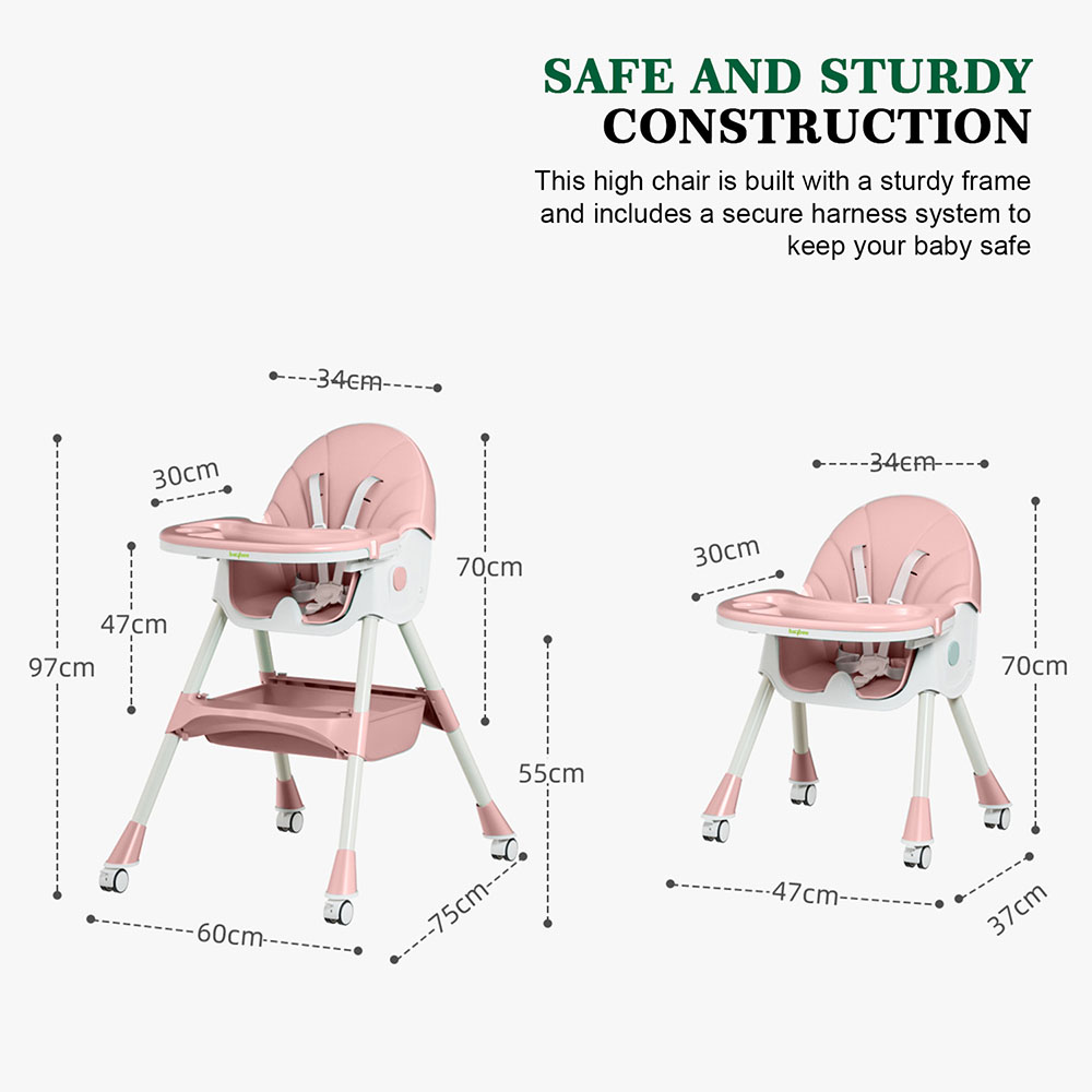 Baybee - 3-In-1 Iris Convertible Baby High Chair - Pink