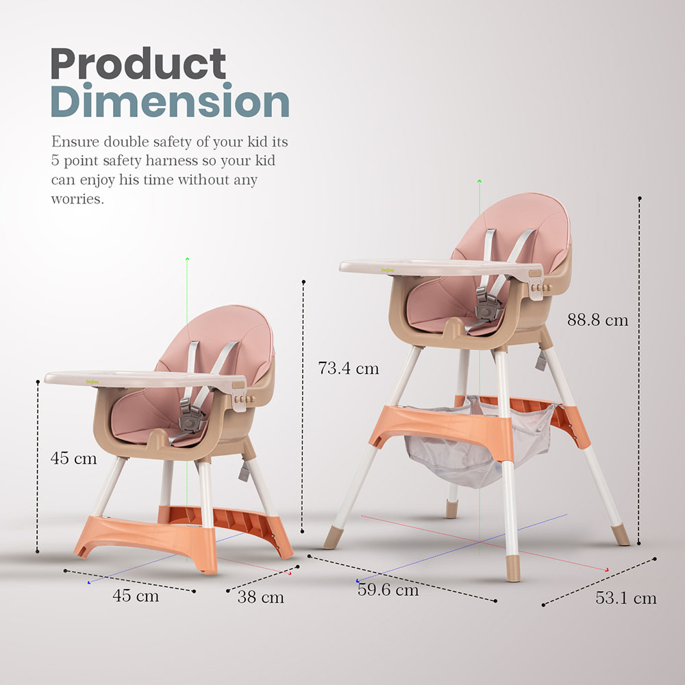 Baybee - 2-In-1 Manta Adjustable Height Baby High Chair - Pink