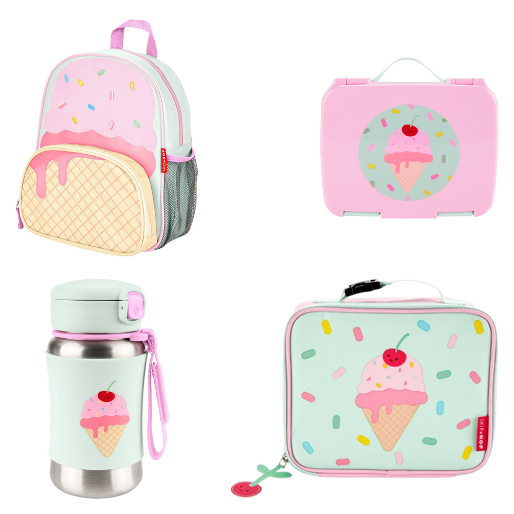 Skiphop - Spark Style Backpack - 12.5-Inch With Lunch Bag, 2 Compartment Bento Box And SS Straw Bottle - Ice Cream
