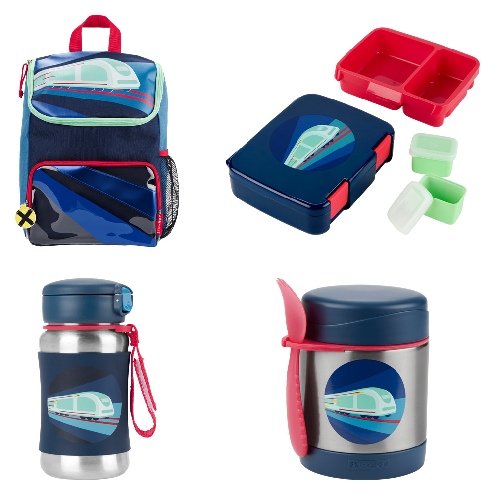 SkipHop - Spark Style Backpack - 12-Inch With 2-Compartment Bento Lunch Box, Stainless Steel Straw Bottle And Food Jar With Spork - Train