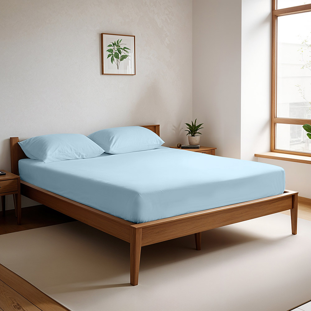 Cotton Home - Queen Size Fitted Bedsheet With 2 Pillow Case - Sky Blue