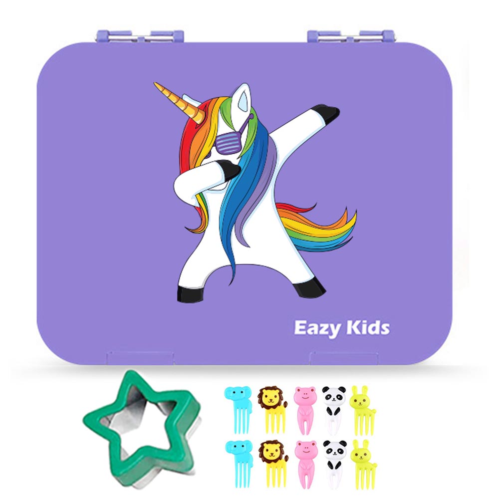 Eazy Kids - 6 Compartment Bento Box with Lunch Bag - Unicorn Blue