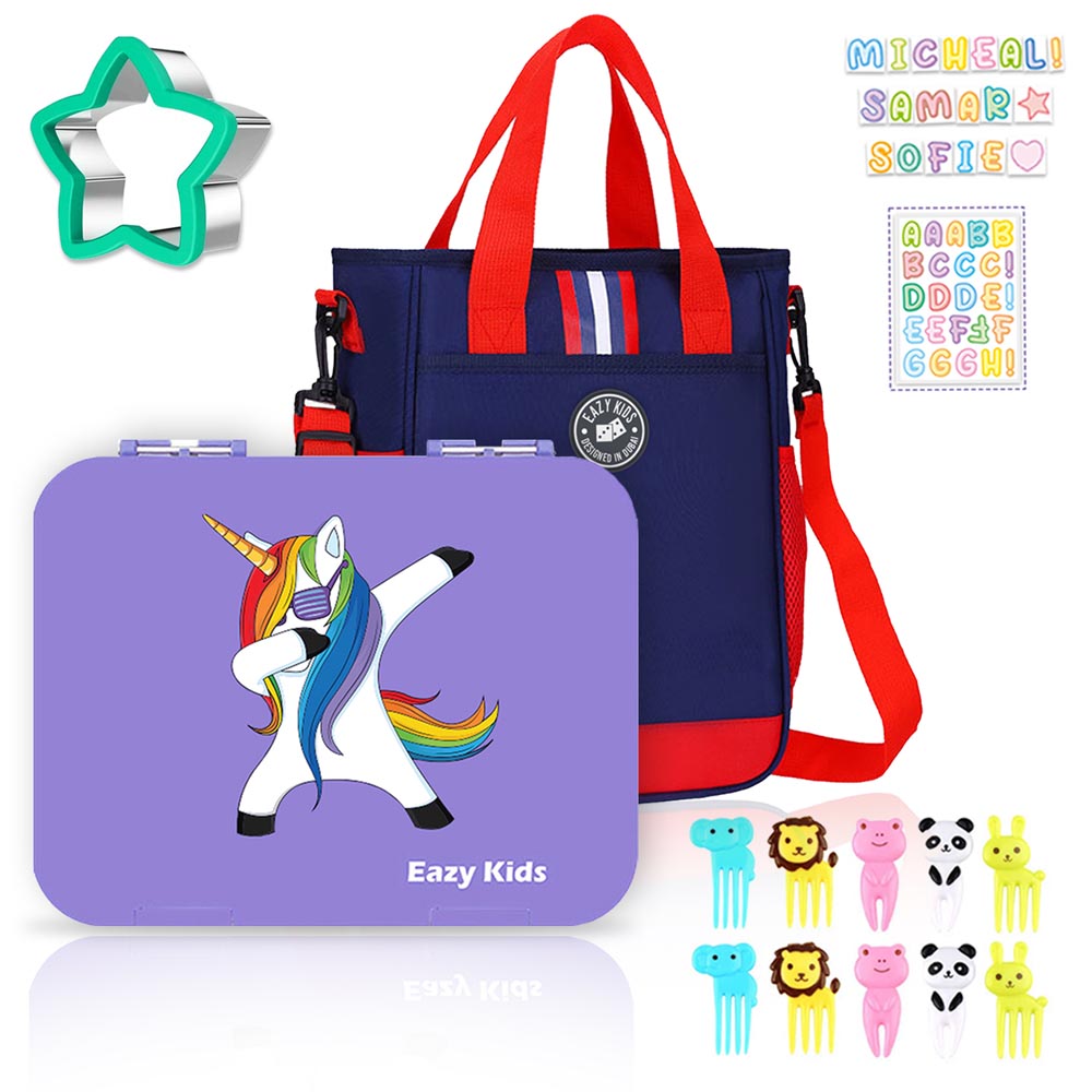 Eazy Kids - 6 Compartment Bento Box with Lunch Bag - Unicorn Blue