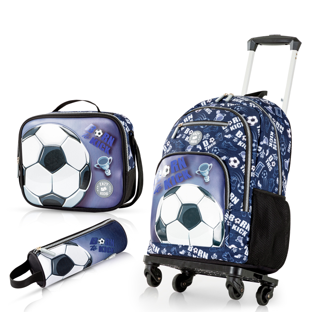 Eazy Kids - Boy's Backpack with Trolley, Pencil Case & Lunch Bag Set - Football