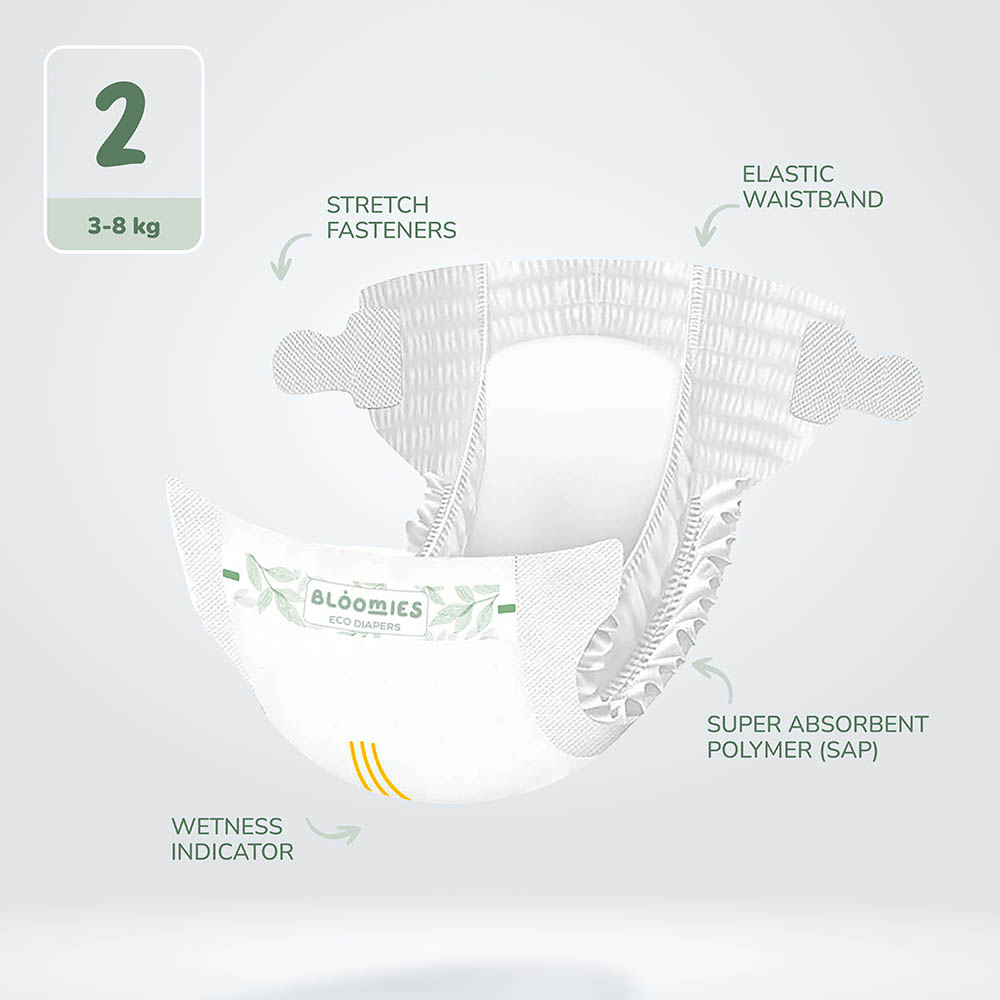 بلوميز - حفاضات أطفال من الخيزران - 3-8 كجم - مقاس 2 - عبوة من 3 قطع - 66 حفاض