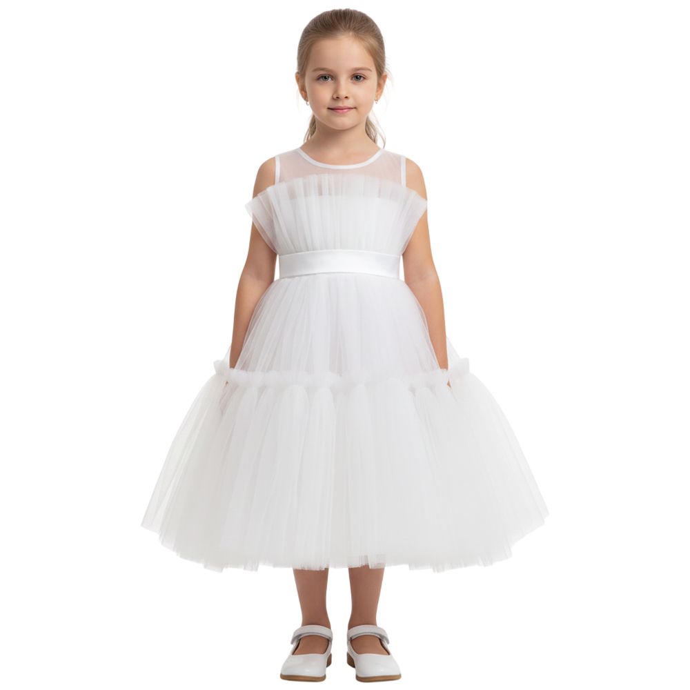 D' Daniela - Toddler Girls Bow Front Mesh Gown - White