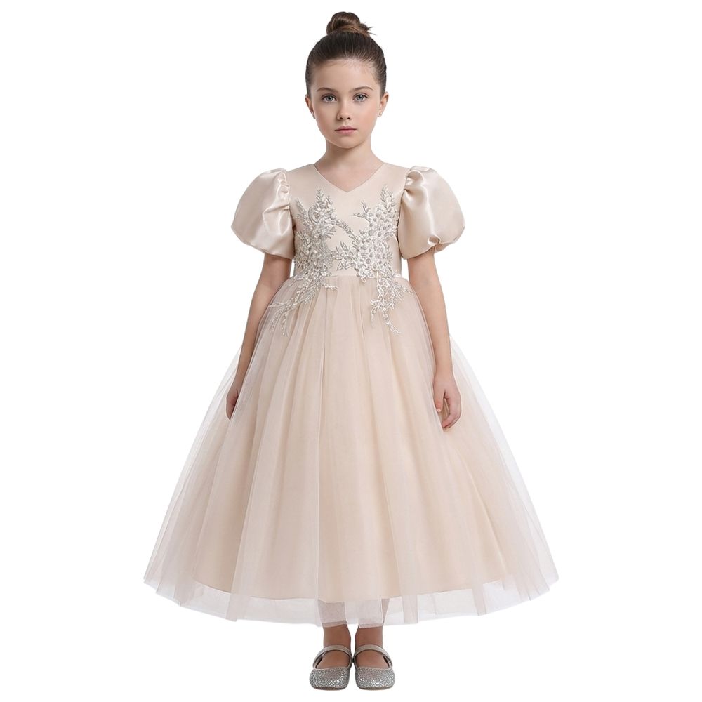 D' Daniela - Puff Sleeve Long Tulle Pearl Dress - Cream