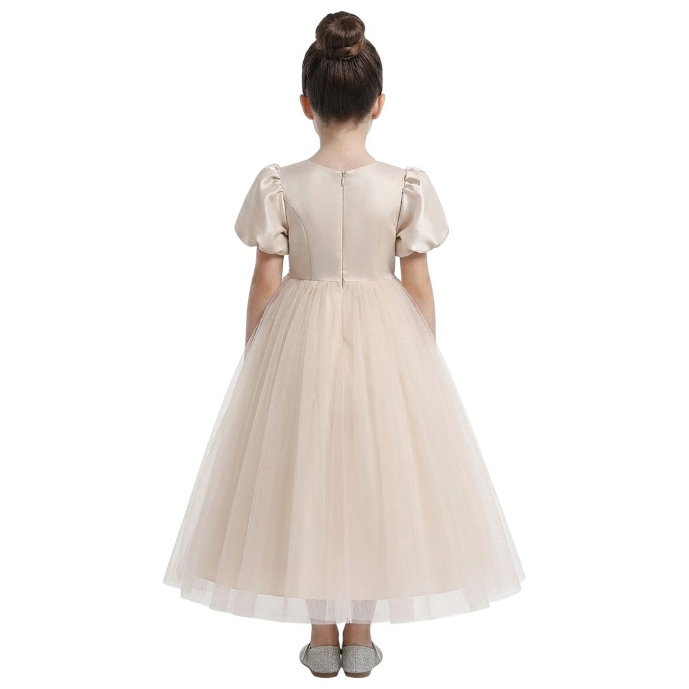 D' Daniela - Puff Sleeve Long Tulle Pearl Dress - Cream