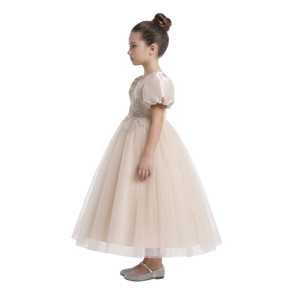 D' Daniela - Puff Sleeve Long Tulle Pearl Dress - Cream