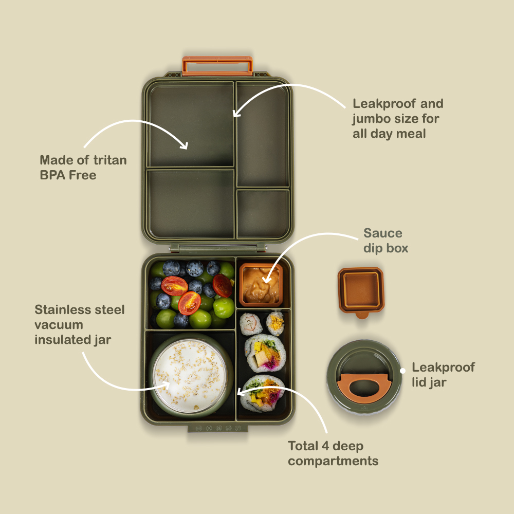 Eazy Kids - Jumbo Bento Lunch Box with Thermos & Dip Jar - Green - 1.72 L