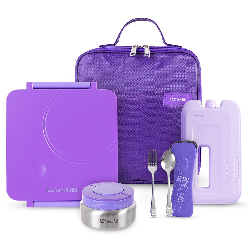 Eazy Kids - Jumbo Bento Lunch Box Set with Stainless Steel Food Jar, Icepack and Lunch Bag