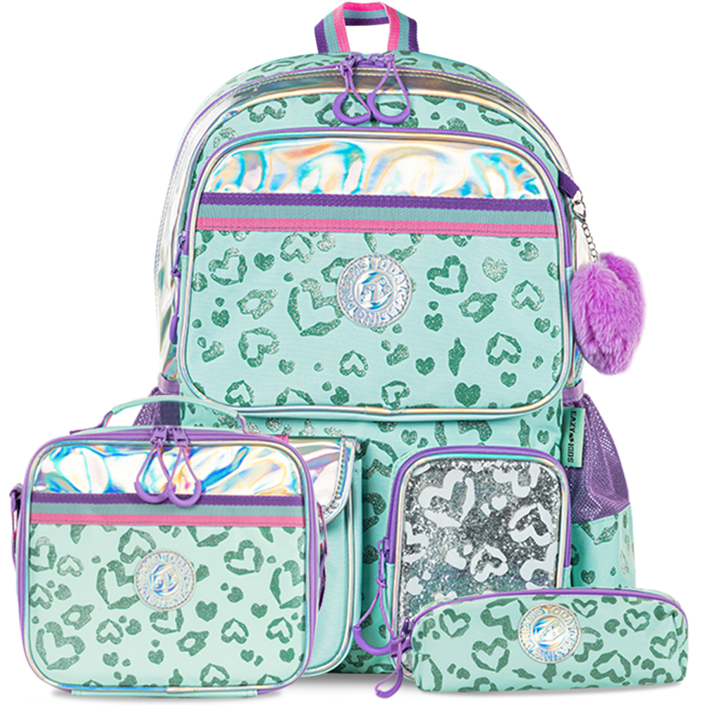 Eazy Kids - School Bag With Lunch Bag & Pencil Pouch - Love Green - 17-Inch/43.5cm
