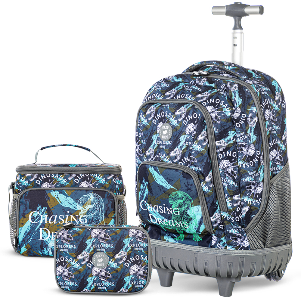 إيزي كيدز - شنطة ظهر بعجلات مع شنطة غداء وقلم رصاص تي ريكس - 18 إنش/46 سم