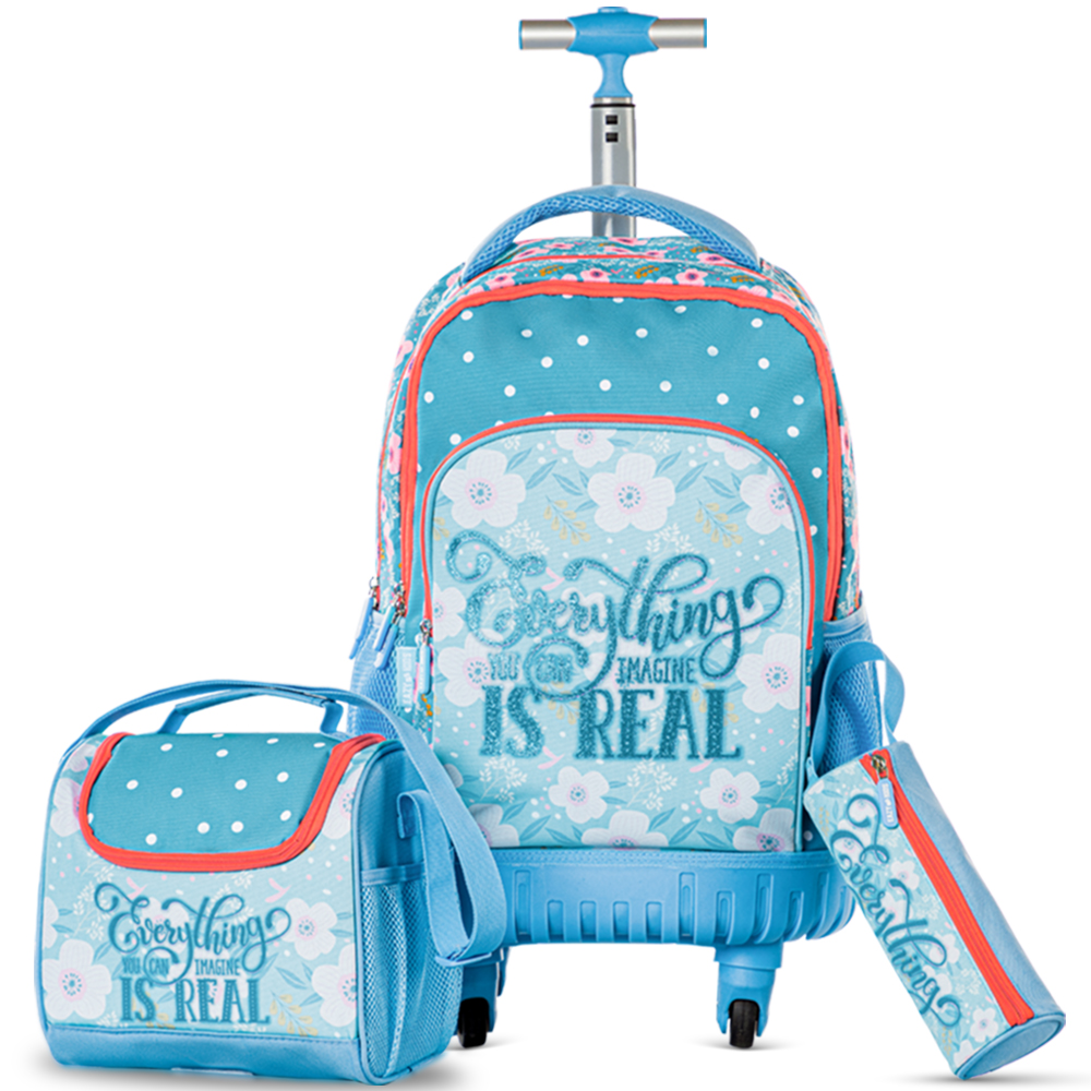 Eazy Kids - 4-wheel School Trolley 3Pc Set - Flora Edition - 18-Inch/46cm