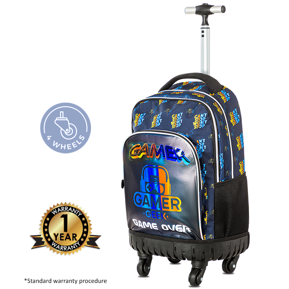 Eazy Kids - 4-wheel School Trolley 3Pc Set - Gamer Edition - 18-Inch/46cm