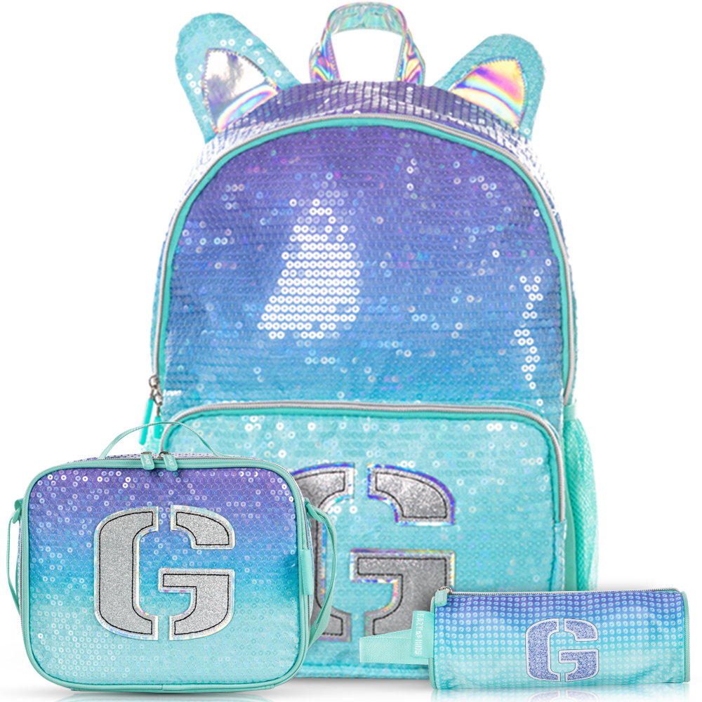 Eazy Kids - Backpack with Lunch & Pencil Bag - Girl Glitter - 17-Inch/43.5cm