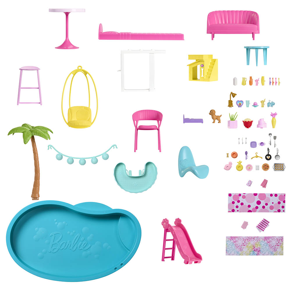 ألعاب ماتيل - بيت دمى باربي وحفلة المسبح - 3 طوابق مع زحليقة - 75 قطعة