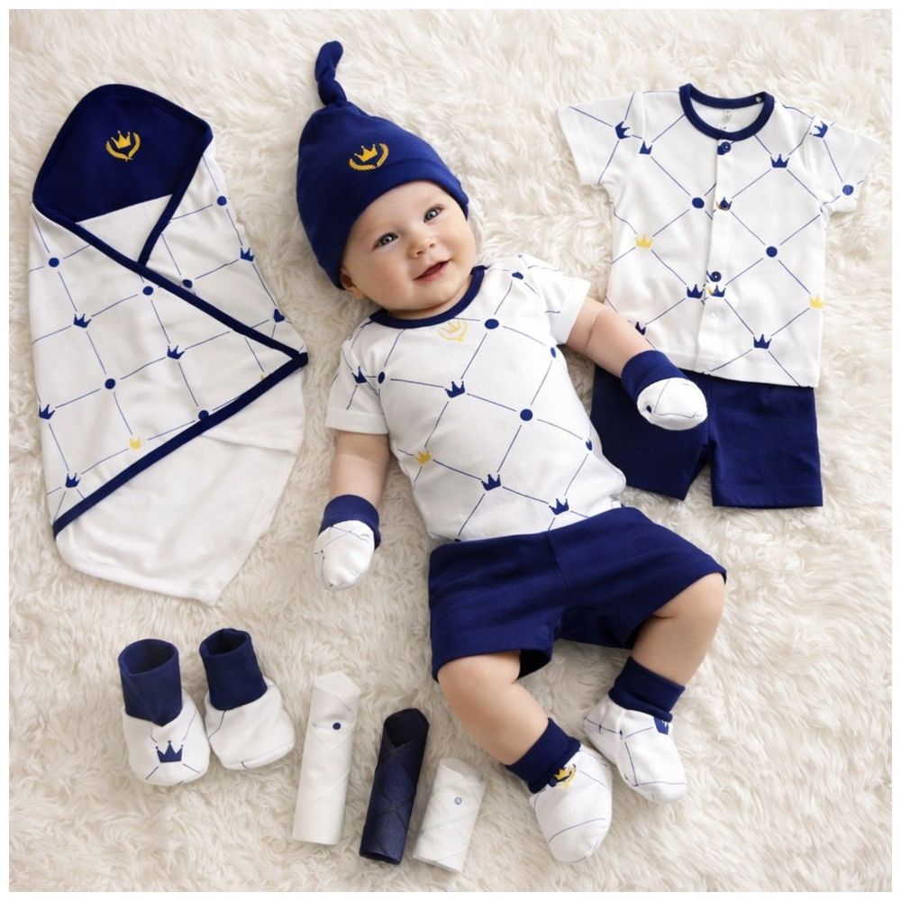 مجموعة هدايا حديثي الولادة من تايني توز - مصنوعة من القطن بنسبة 100% - تاج أزرق - 8 قطع