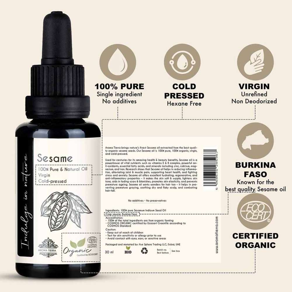 أروما تييرا - زيت سمسم عضوي - عصر بارد - 30 مل