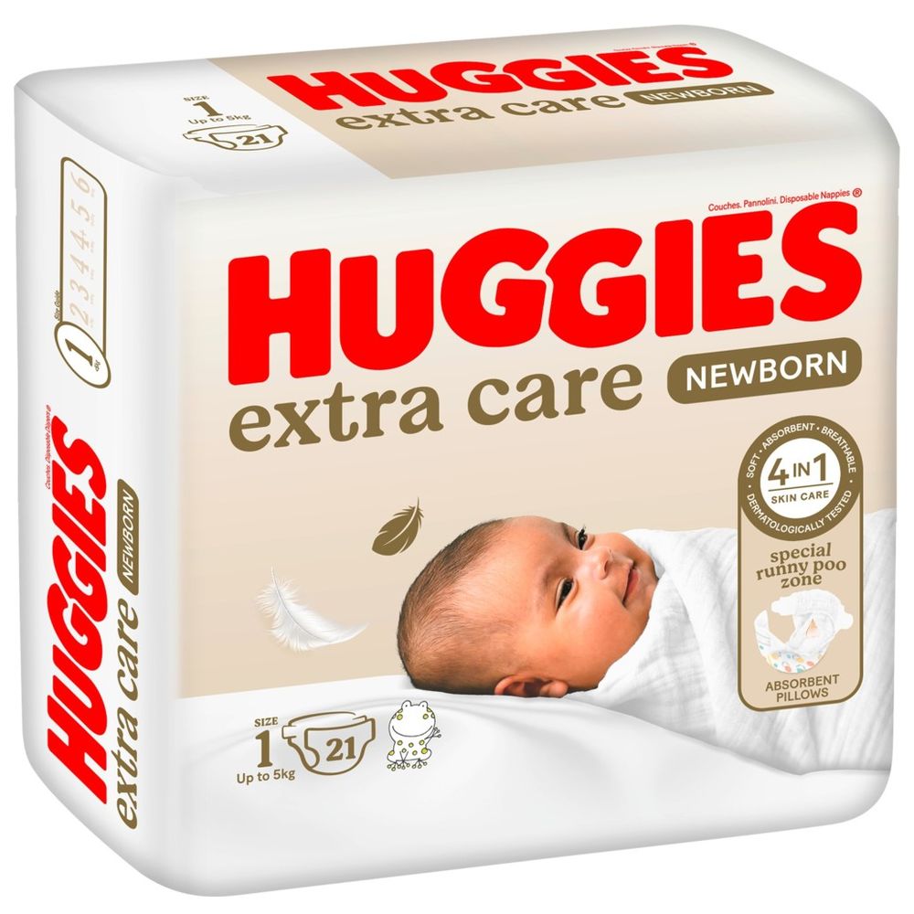 Huggies Extra Care Newborn, Size 1, Up to 5 kg, Carry Pack, 21 Diapers