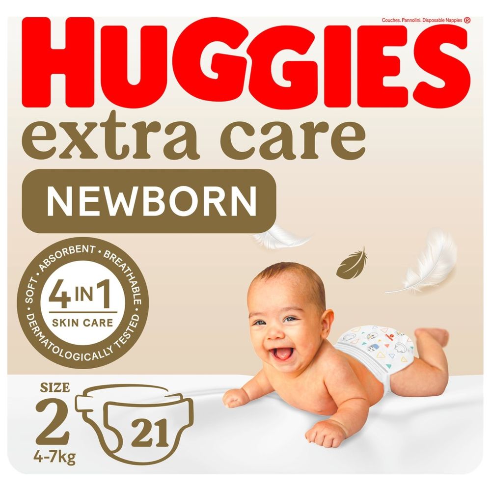 Huggies Extra Care Newborn, Size 2, 4 - 6 kg, Carry Pack, 21 Diapers