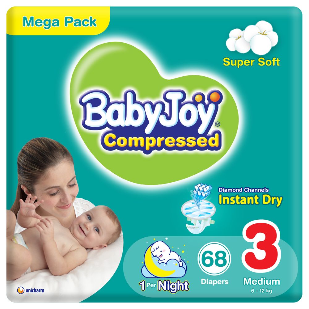 BabyJoy - Compressed Diamond Pad Diaper, Size 3, Medium, 6-12 kg, Mega Pack - 68 Pcs