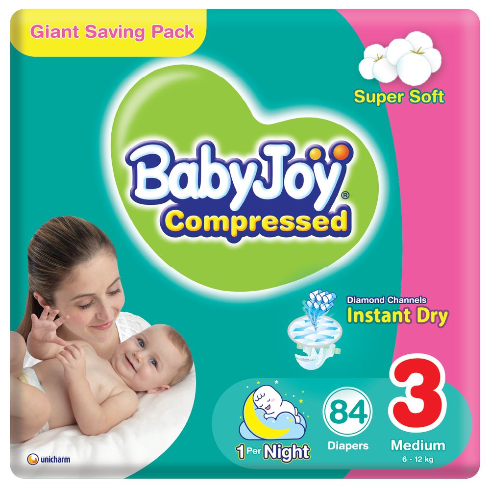 BabyJoy - Compressed Diamond Pad Diaper, Size 3, Medium, 6-12 kg, Giant Pack - 84 Pcs