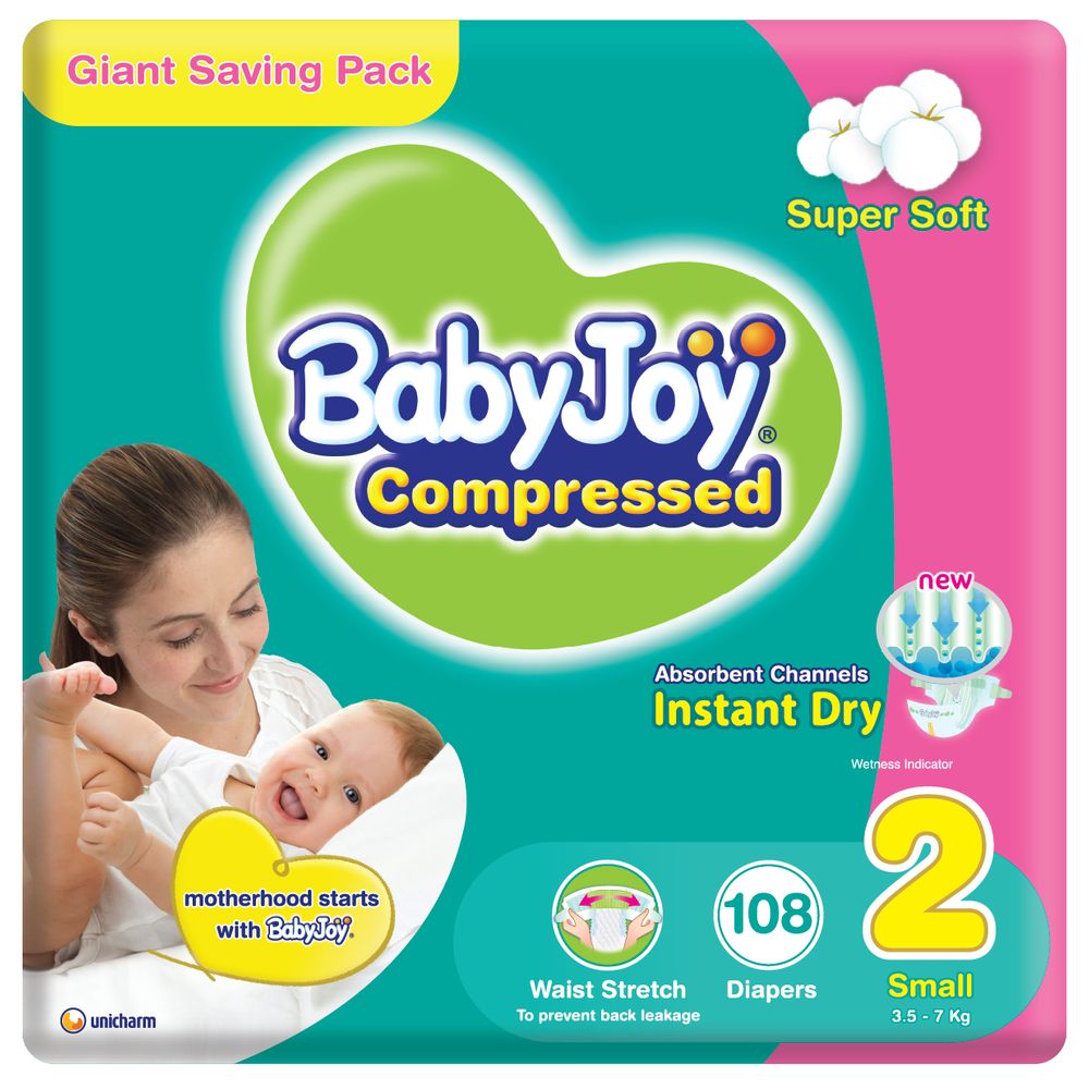 BabyJoy - 2X Compressed Diamond Pad Diaper, Size 2, Small, 3.5-7 kg, Giant Pack - 108 Pcs