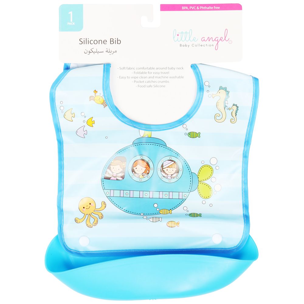 Little Angel Submarine Printed Silicone Baby Bib For Infant - Blue