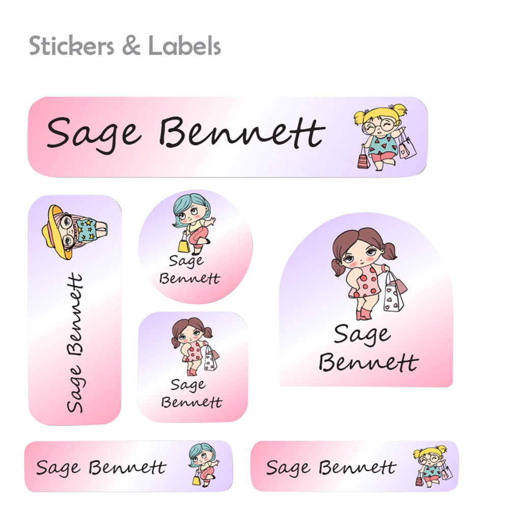 ليدي بوغ ليبلز - ملصقات مخصصة مقاومة للماء - فتاة التسوق - 111 قطعة