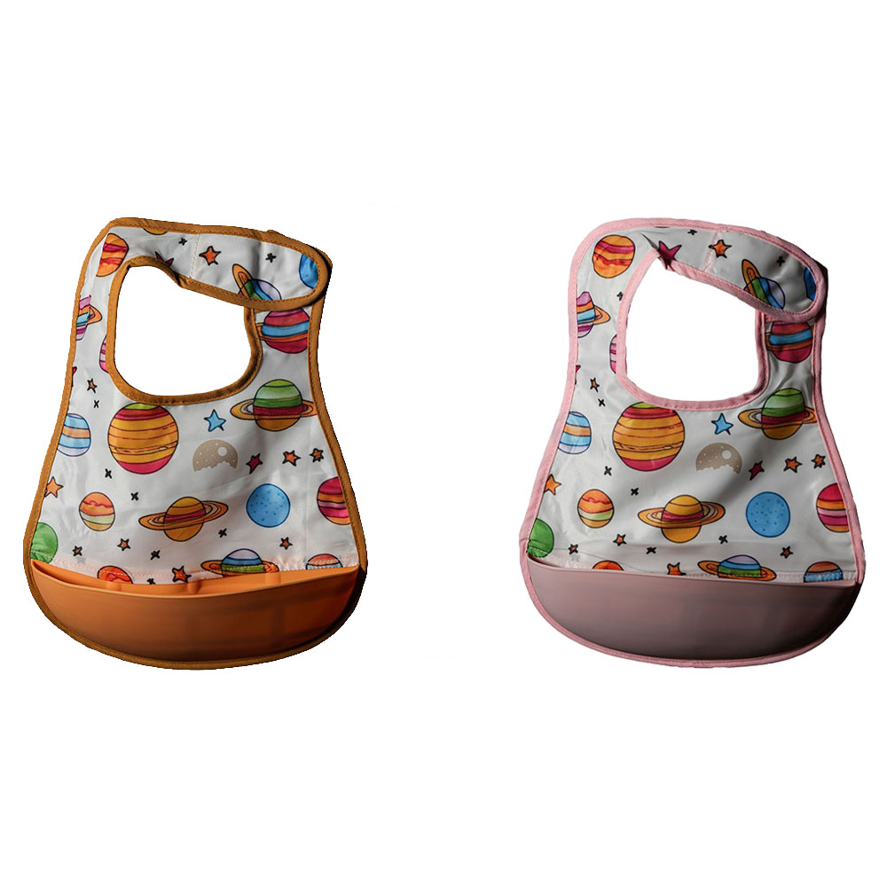 Little Moon - Bib With Silicon Pocket - Pink/Orange - 2 Pcs