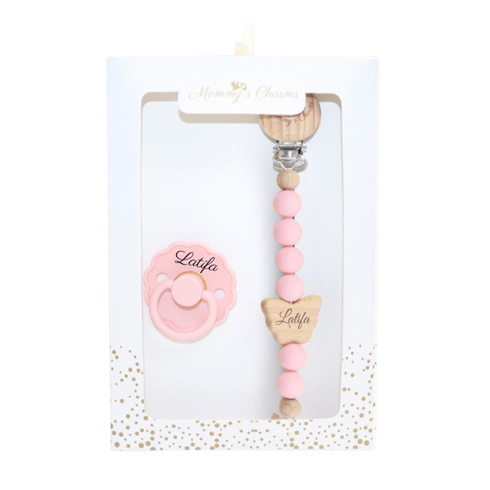 Mommy's Charms - Personalized Butterfly Frigg Pacifier With Clip - 2 Pcs - Pink