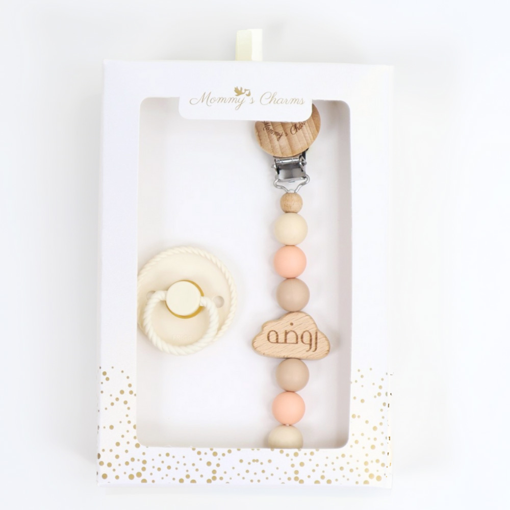 Mommy's Charms - Personalized Cloudy Dreams Frigg Pacifier With Clip - 2 Pcs - Orange
