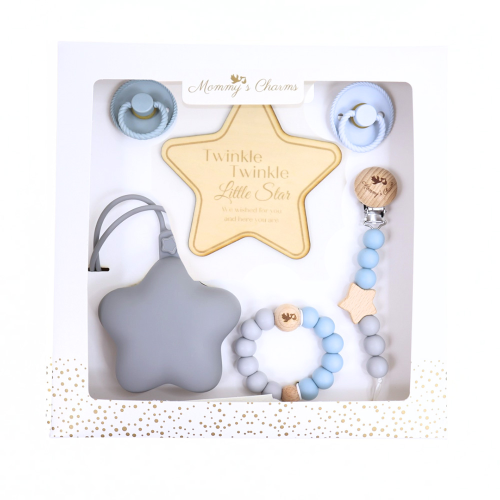 Mommy's Charms - Personalized Ultimate Pacifier Baby Gift Set - 6 Pcs - Grey