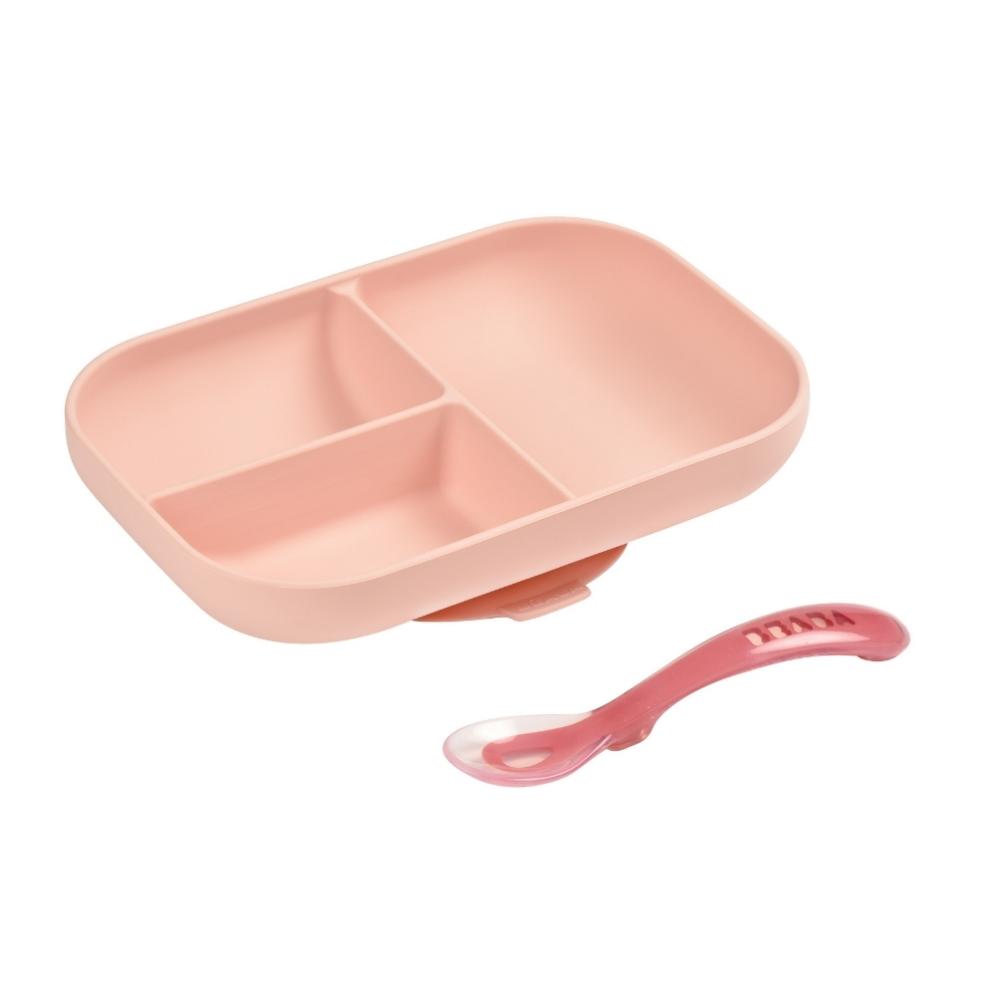 Beaba Silicone Suction Divided Plate With Spoon - Pink