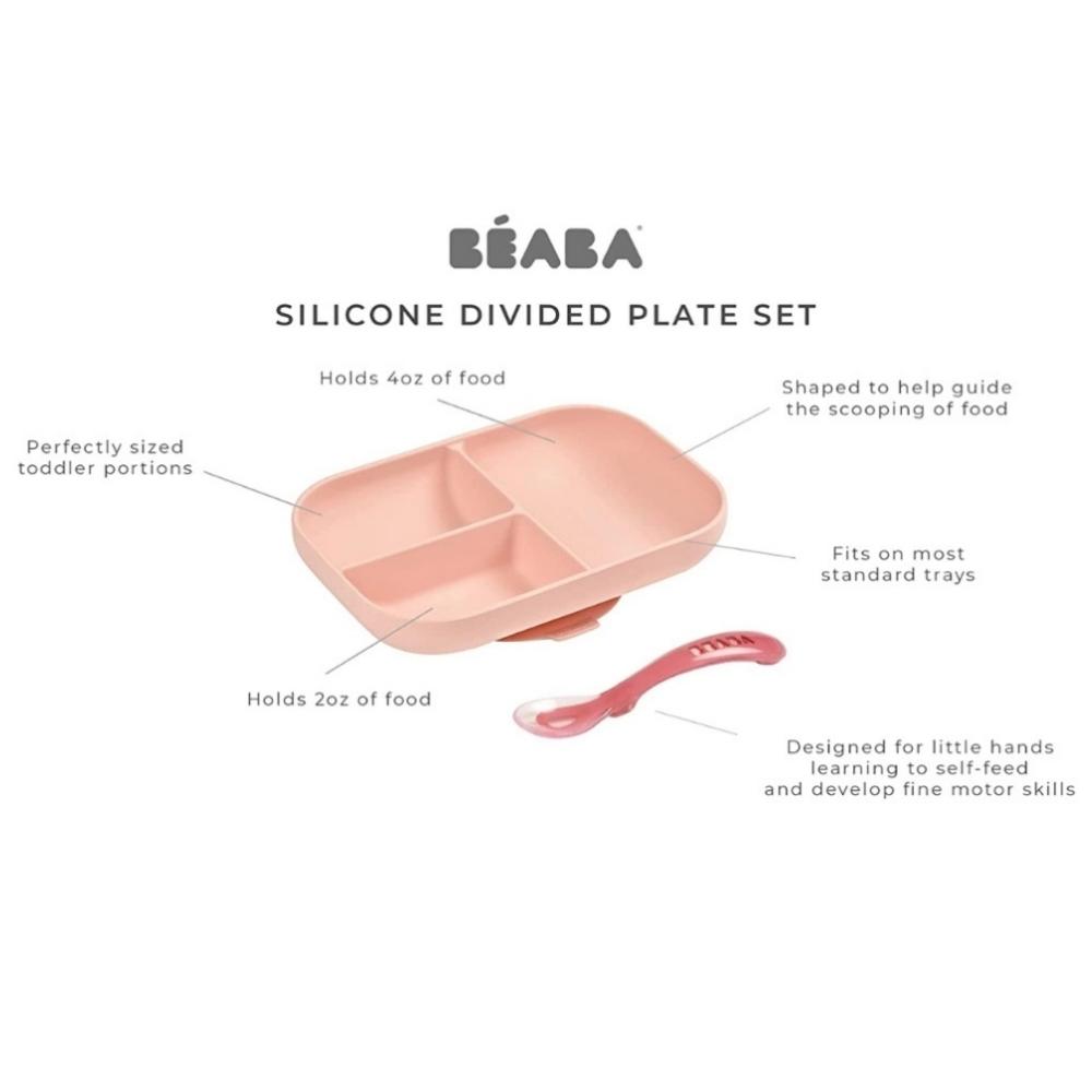 Beaba Silicone Suction Divided Plate With Spoon - Pink
