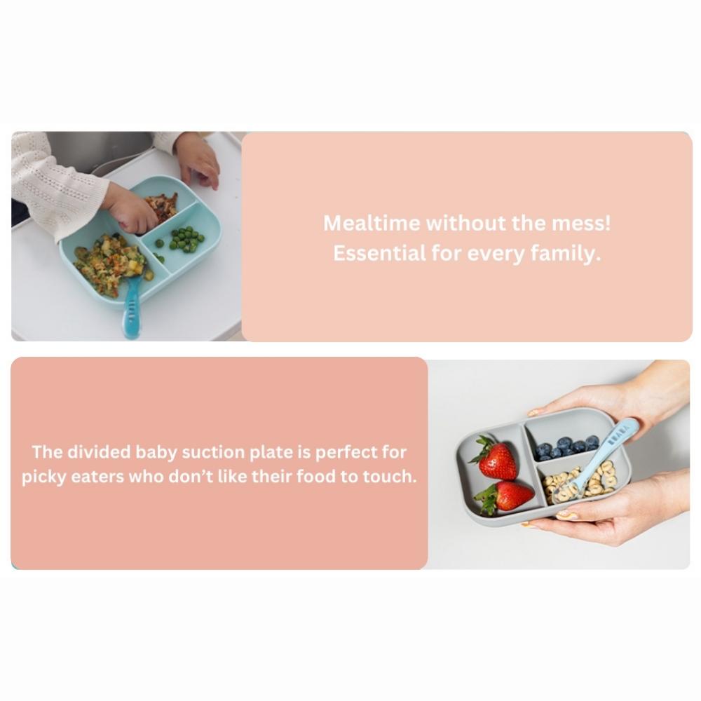 Beaba Silicone Suction Divided Plate With Spoon - Pink