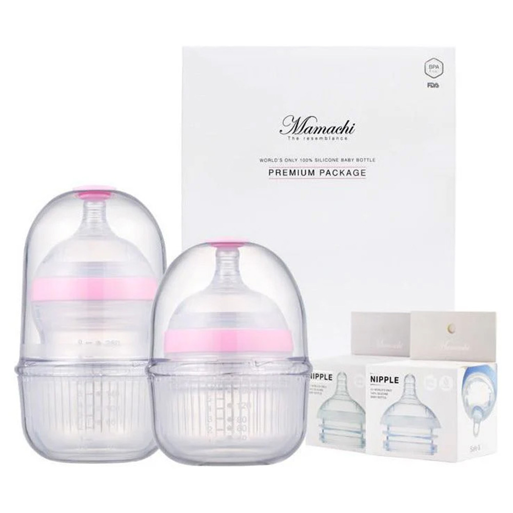Mamachi - Silicone Baby Bottle With Outdoor Carrier & Nipples - Pink - 8 Pcs